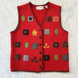 Marisa Christina Women's Small 100% Wool Vest Red Autumn Patchwork Vintage